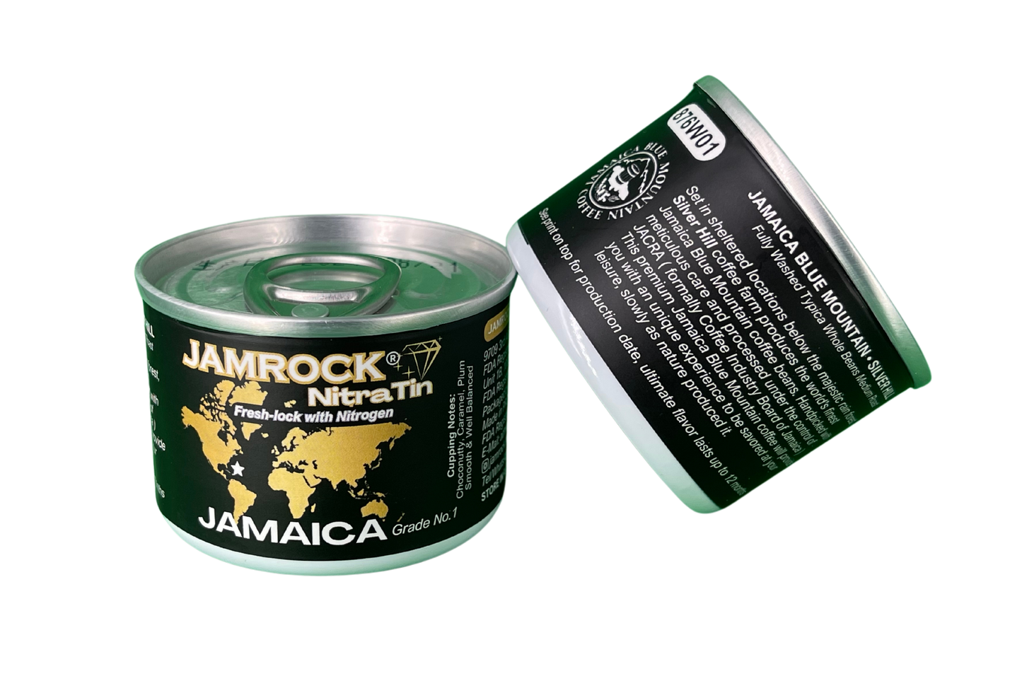 JAMROCK® NitraTin Nitrogen Sealed 100% Jamaica Blue Mountain Coffee, Grade 1, Whole Beans, 18g Tins, 12 Pack