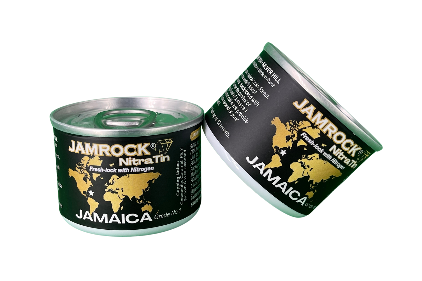 JAMROCK® NitraTin Nitrogen Sealed 100% Jamaica Blue Mountain Coffee, Grade 1, Whole Beans, 18g Tins, 12 Pack